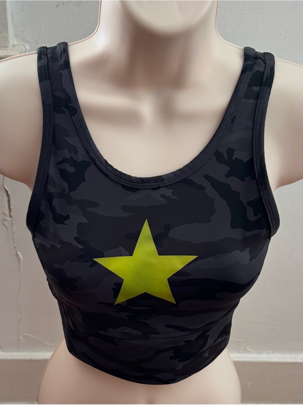 Strut dark grey Camo Sports Bra Top with Yellow Star, size XS athletic workout